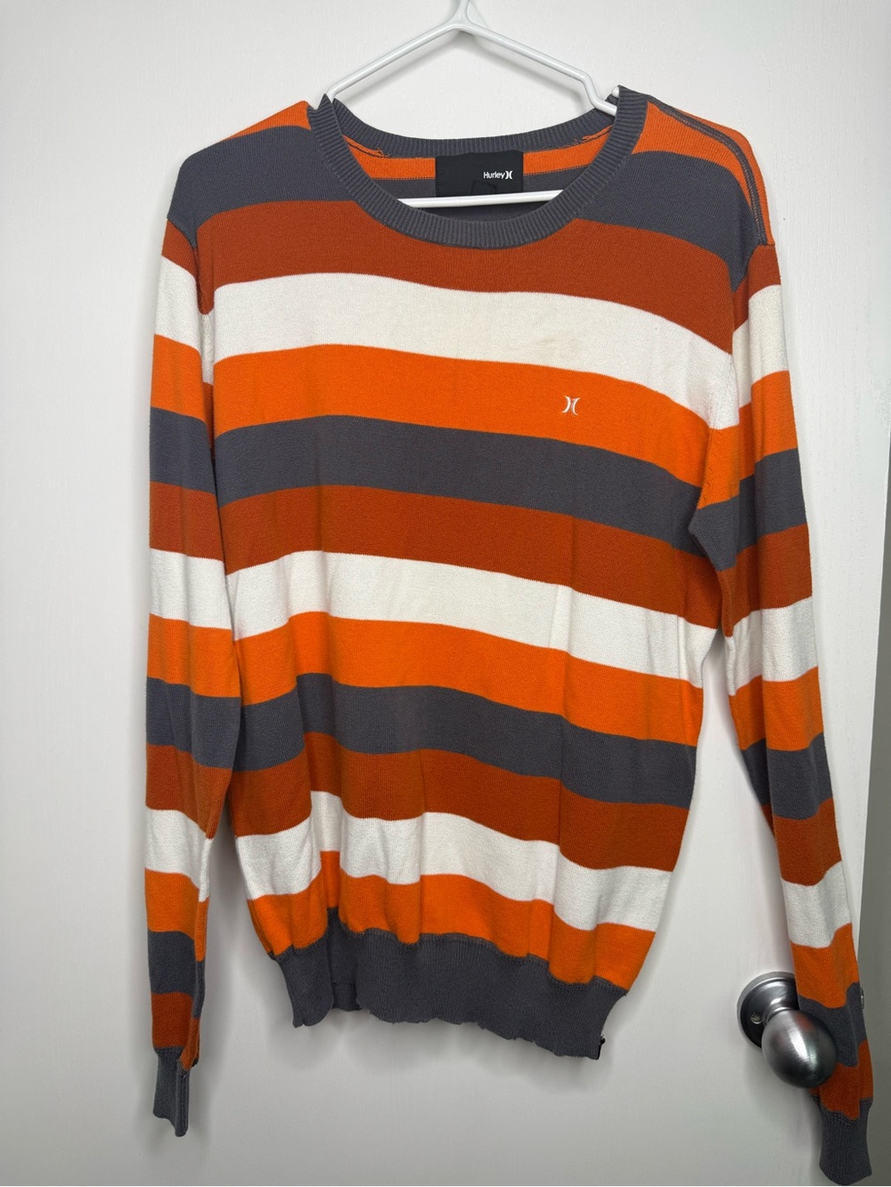 Hurley Men’s Orange, White & Gray Striped Crewneck Sweater Large